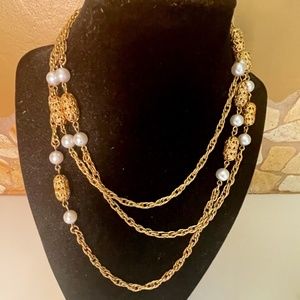 Vintage Sarah Coventry Barrel Links & Faux Pearl Long Necklace
